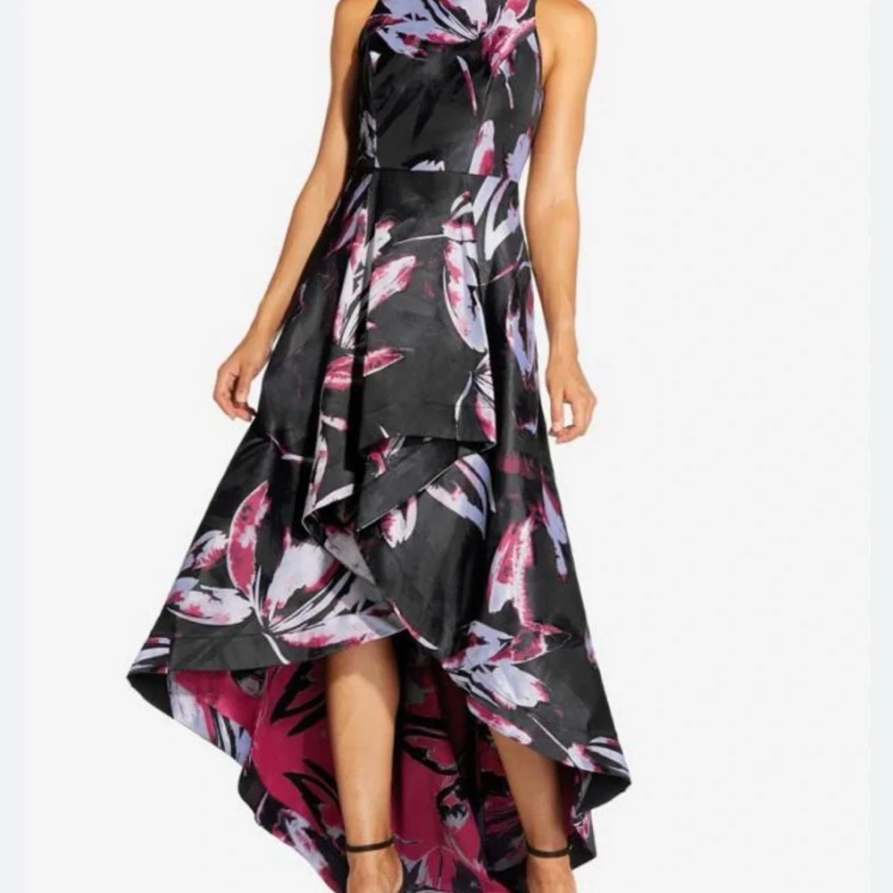 Adrianna Papell Floral High Low Dress Size 4 Black Pink Formal Evening Gown - Picture 5 of 12